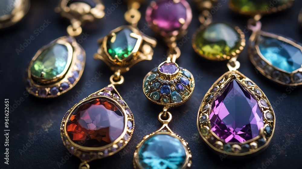 Stunning collection of colorful gemstones set in intricate gold jewelry, perfect for showcasing elegance and luxury. Stunning collection of colorful gemstones set in intricate gold jewelry, perfect for showcasing elegance and luxury.