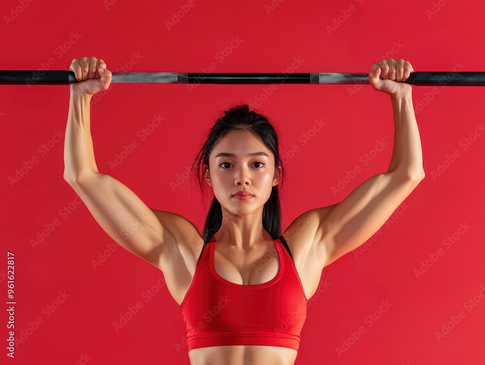Asian woman lifting barbell, powerful stance, red background, strength training Sport woman powerlifting, pure color background Asian woman lifting barbell, powerful stance, red background, strength training Sport woman powerlifting, pure color background