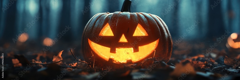 Single glowing pumpkin against dark forest backdrop Single glowing pumpkin against dark forest backdrop