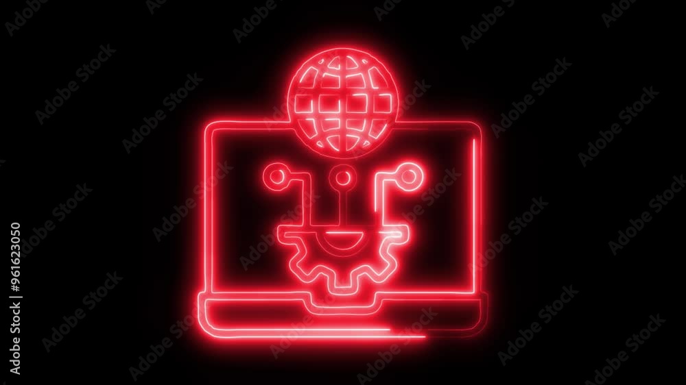 Neon Global Network Icon Video HD - Glowing Tech Gear Symbol with World and Laptop on Black Background Animation for Digital Communication and Global Connections Neon Global Network Icon Video HD - Glowing Tech Gear Symbol with World and Laptop on Black Background Animation for Digital Communication and Global Connections