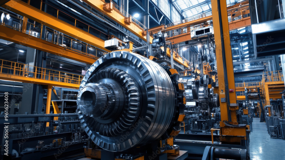 Heavy machinery production in Germany, with large industrial equipment being assembled. Heavy machinery production in Germany, with large industrial equipment being assembled.