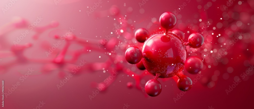 A tight shot of a red liquid filled with numerous water droplets, situated in the image's center against a pink backdrop A tight shot of a red liquid filled with numerous water droplets, situated in the image's center against a pink backdrop