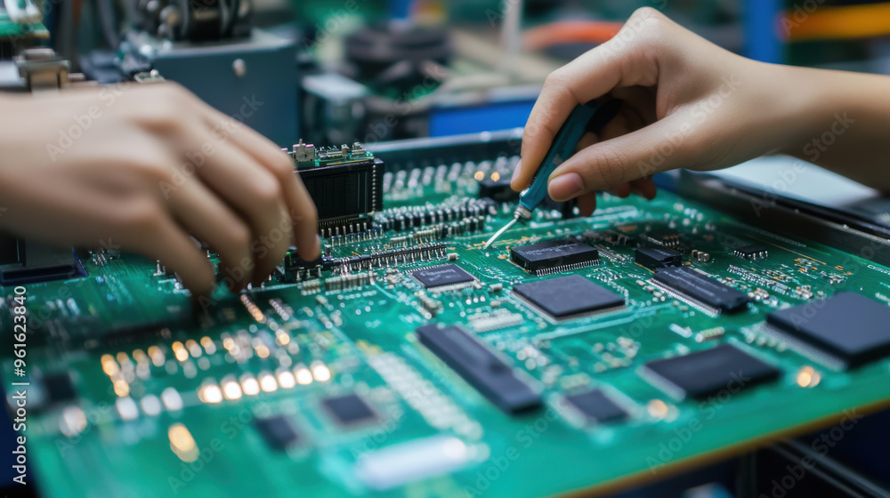 High-tech electronics production in Malaysia, with circuit boards being assembled. High-tech electronics production in Malaysia, with circuit boards being assembled.