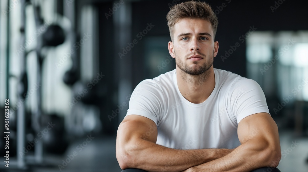 Young athletic man, focused mood, sitting on gym floor, fitness center background Young athletic man, focused mood, sitting on gym floor, fitness center background