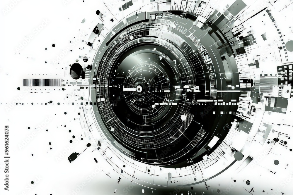 Obraz premium Futuristic digital abstract design featuring circular geometric patterns, representing technological advancements, data flow, and virtual space innovation.