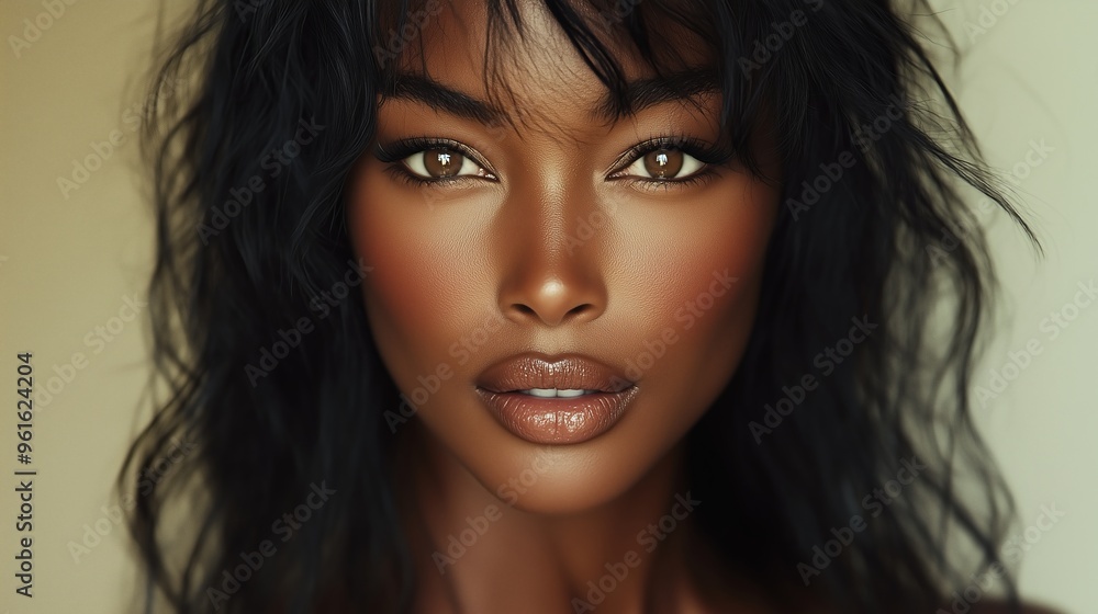A close-up portrait of a woman with glowing skin and expressive eyes indoors A close-up portrait of a woman with glowing skin and expressive eyes indoors