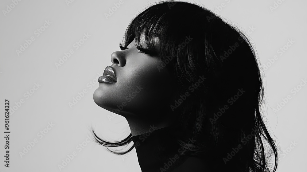 Woman with stylish hair and bold lips poses gracefully in black and white Woman with stylish hair and bold lips poses gracefully in black and white