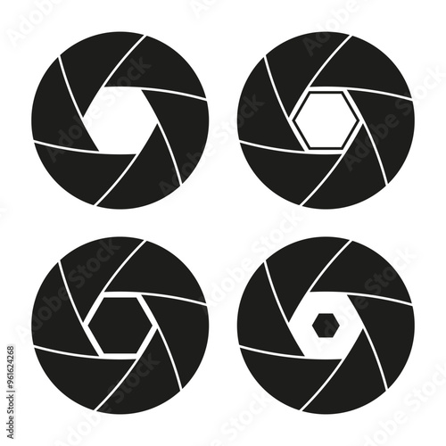 Camera shutter icon. Aperture symbol set. Black circular shapes. Vector photography elements.
