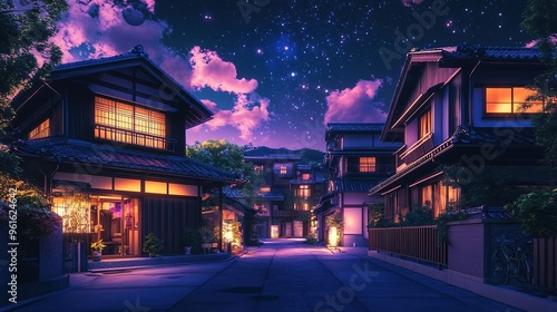 Lofi Beautiful Japanese Japan Tokyo City Town at Starry Star Sky Night - House at Street Anime Comic Artstyle Cozy Peaceful Peace Asian Wallpaper Background Purple Pink Orange Color
