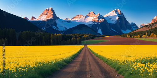 A dirt road with a field of yellow flowers on the side of the road. The background is mountains and sky.  AI generated