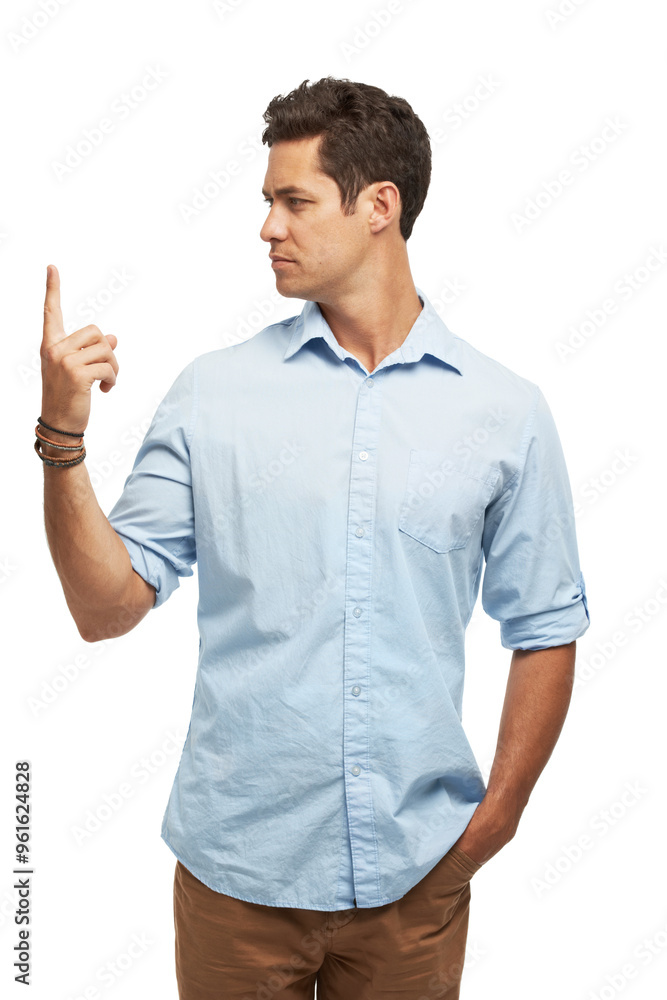 Finger, pointing up and business man in studio for choice, thinking and information on white background. Mockup, professional and isolated person with hand gesture for news, announcement or interface Finger, pointing up and business man in studio for choice, thinking and information on white background. Mockup, professional and isolated person with hand gesture for news, announcement or interface