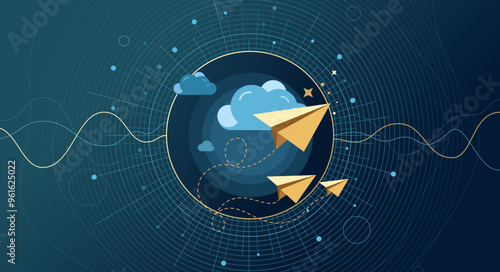 Abstract digital globe with a paper plane flying  surrounded by glowing particles, illustrating concepts of in-cloud technology, cloud data global connectivity, data connection, business growth plan