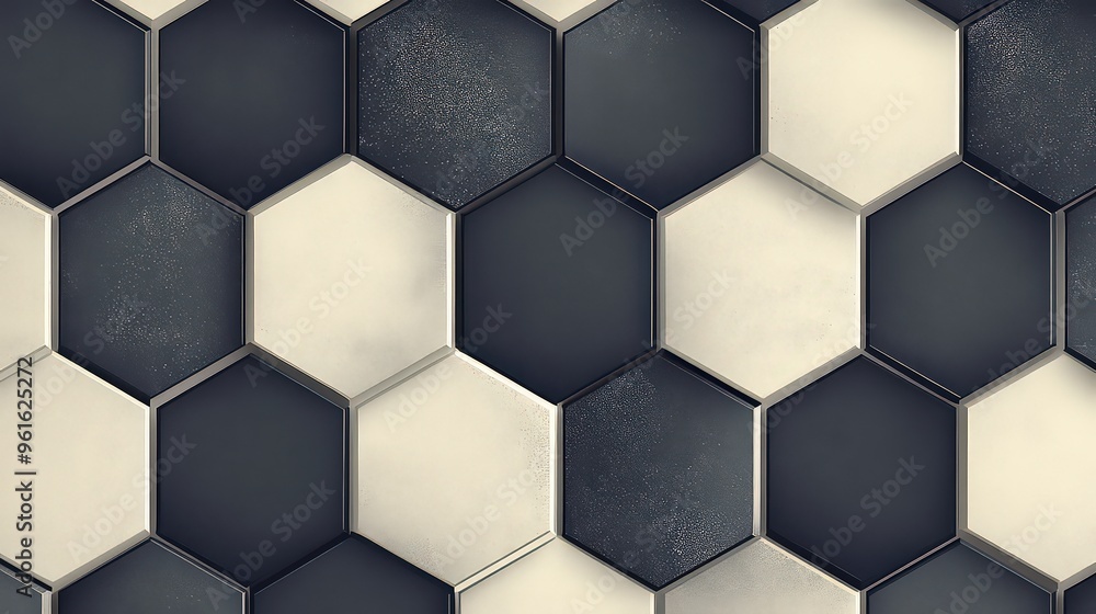 Hexagonal tiles in black and white, creating a geometric pattern ideal for modern, minimalist design projects. Hexagonal tiles in black and white, creating a geometric pattern ideal for modern, minimalist design projects.