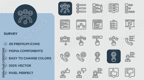 Survey Icons set. Vector illustration in modern thin line style of business related icons: teamwork, documents, devices, and more. Pictograms and infographics for mobile apps.