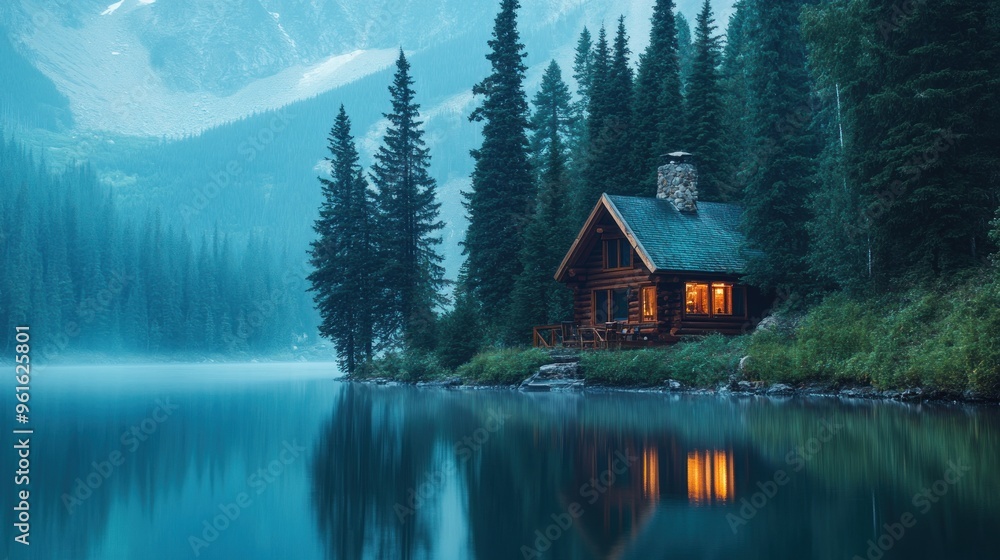 Obraz premium Cabin by the Lake in the Forest