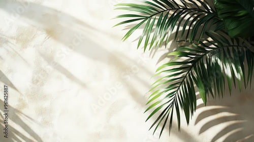 Wallpaper Mural  Sunlight casting shadows of palm leaves on a textured wall, creating a tropical and peaceful ambiance. Torontodigital.ca