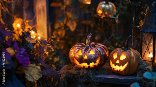 Magical Halloween decor with enchanted items and glowing pumpkins, creating