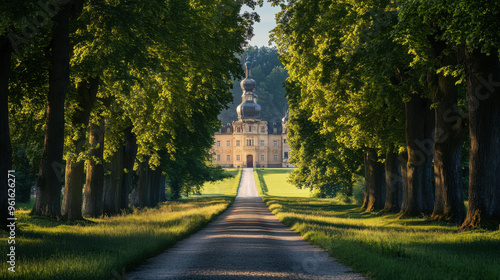 Majestic tree-lined avenue leading to a historic castle in Germany.