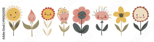 Set of kawaii flowers cute baby plant in cartoon style. Hand drawn vector doodle childish illustration. Isolated simple drawing for kid-friendly graphic and babyish book or card designs.