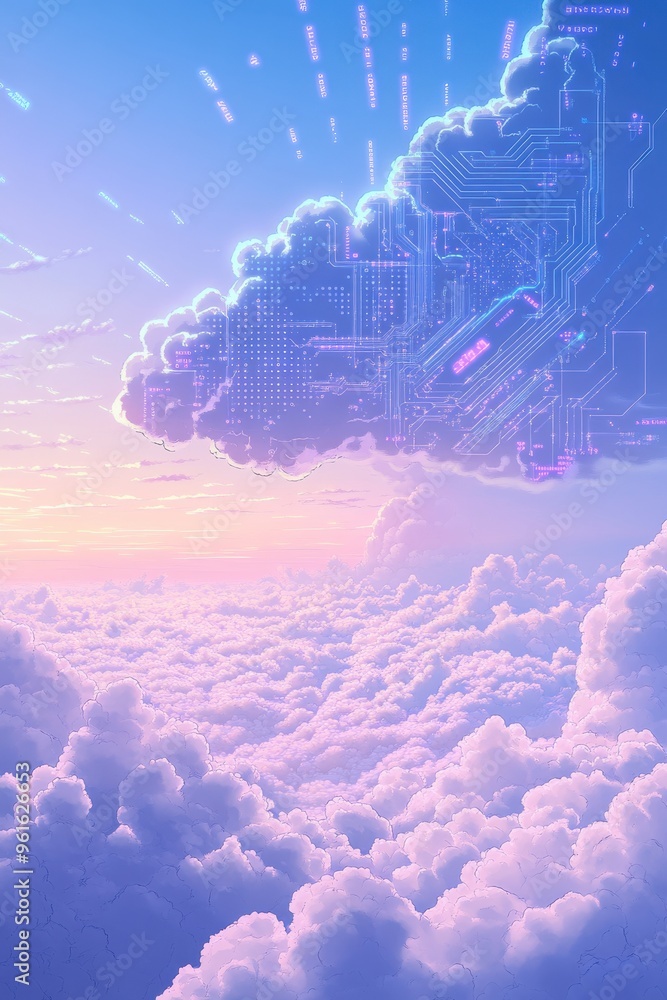 Fototapeta premium Digital illustration depicting a futuristic cloud with a circuit board pattern against a serene sky, symbolizing cloud computing and technological advancement in a dreamy, surreal atmosphere.