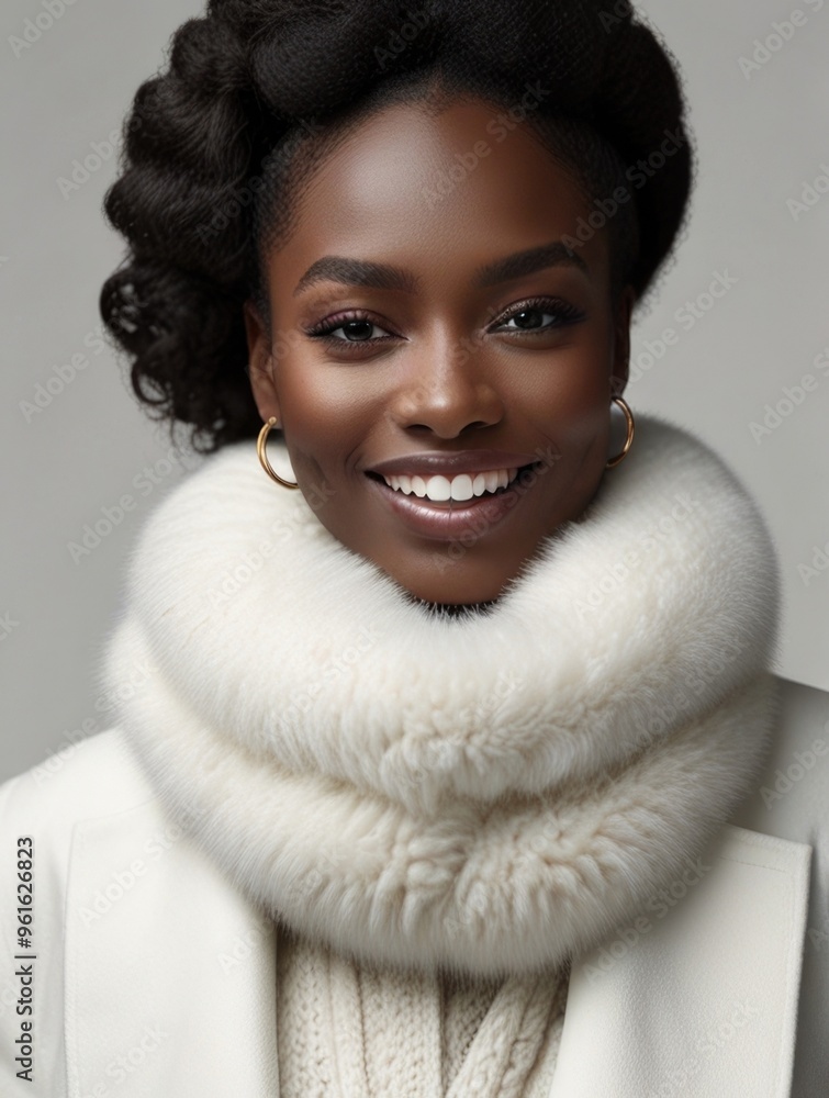 Smile fashionable black woman in a white coat and fur scarf isolated in a white background Smile fashionable black woman in a white coat and fur scarf isolated in a white background