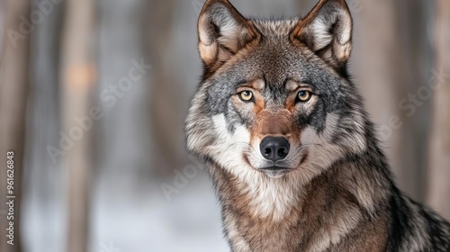 Detailed wolf portrait with piercing eyes, set against a backdrop of a moonlit forest, honoring World Animal Day