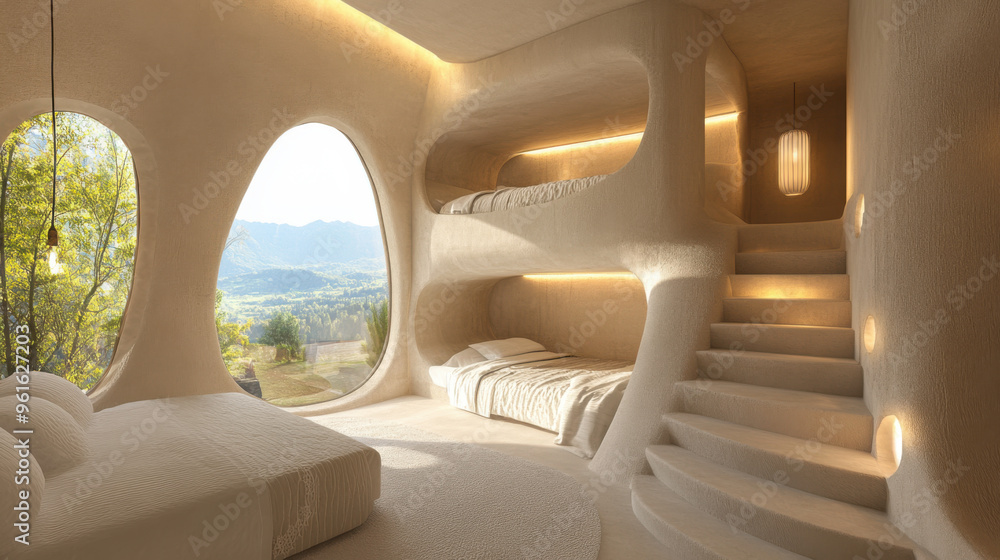 Modern villa children's room design, featuring two small bunk beds, a curved staircase, and Modern villa children's room design, featuring two small bunk beds, a curved staircase, and