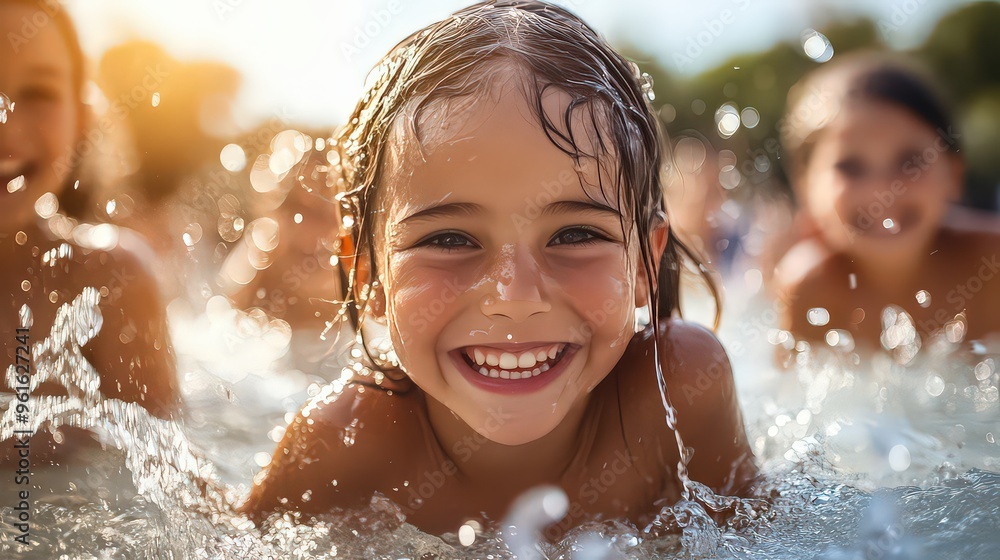 Obraz premium Smiling child splashing in water, enjoying summer sunlight, surrounded by laughter and joy.