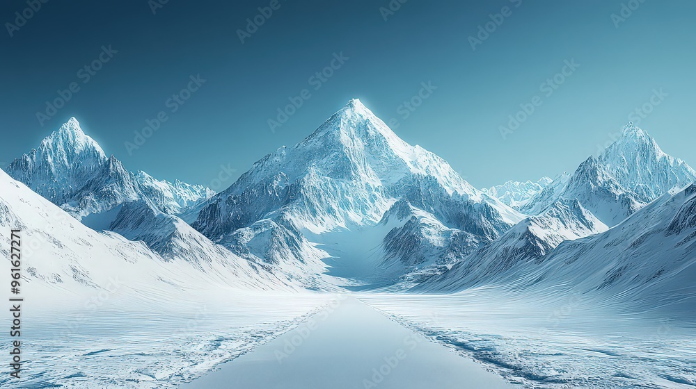 Obraz premium Majestic snow-covered mountain range with icy peaks towering into clear blue sky.
