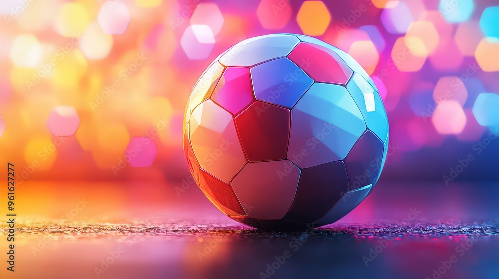 Naklejka premium Close-up of colorful soccer ball on vibrant, festive background with glowing lights.
