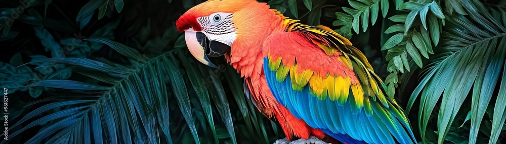 Fototapeta premium Vibrant parrot portrait with feathers blending into a background of tropical plants, representing World Animal Day s celebration of wildlife