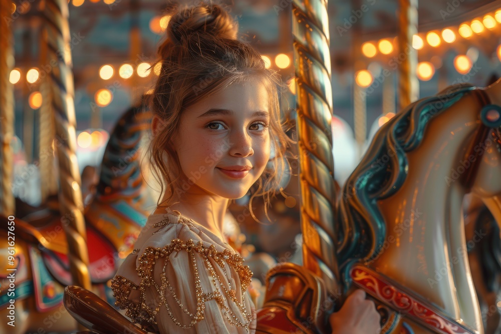 Joyful girl enjoys a magical ride on an ornate wooden carousel at dusk Joyful girl enjoys a magical ride on an ornate wooden carousel at dusk