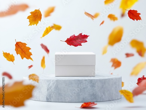 White clean box, gift on fall stone podium on fall orange maple leaves background, vector image. For design of seasonal discounts and sales, demonstration of goods and services. Photo photo