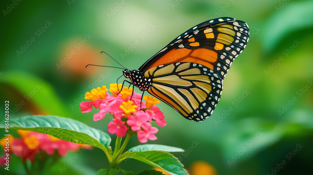 Naklejka premium Beautiful orange monarch butterfly perched on a vibrant yellow flower, wings outstretched in the summer sun.