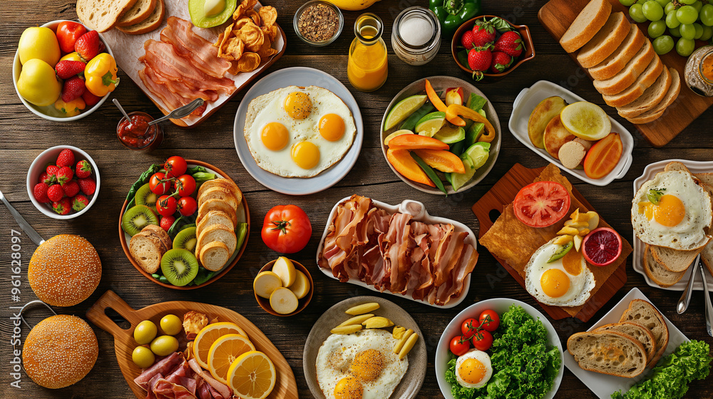 A vibrant spread of various delicious breakfast dishes, including eggs in shades of yellow and white with meat or vegetables on top A vibrant spread of various delicious breakfast dishes, including eggs in shades of yellow and white with meat or vegetables on top