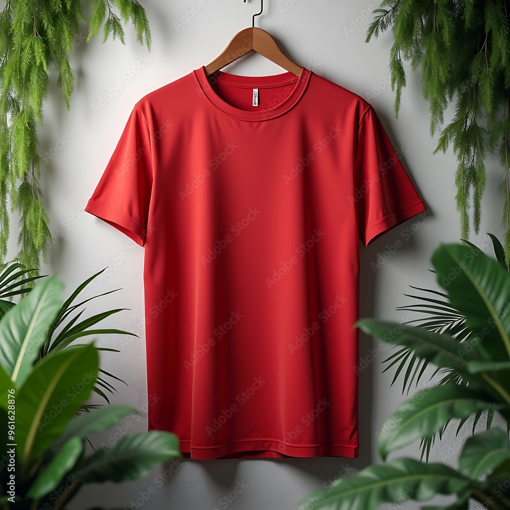 Red Blank T-Shirt Hanging on Textured Wall with Greenery Background for Design Mockup, Fashion Display, and Graphic Template Red Blank T-Shirt Hanging on Textured Wall with Greenery Background for Design Mockup, Fashion Display, and Graphic Template