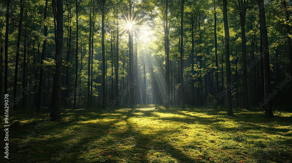 Obraz premium Sunlight filters through tall trees in a dense forest, casting long shadows on the moss-covered ground, creating a serene and peaceful atmosphere.