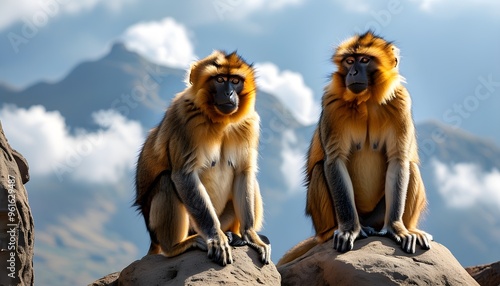 Grooming gelada monkeys in the stunning Simien Mountains of Ethiopia photo