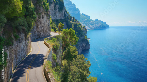Picturesque road along the Amalfi Coast, Italy, with the sea stretching below.