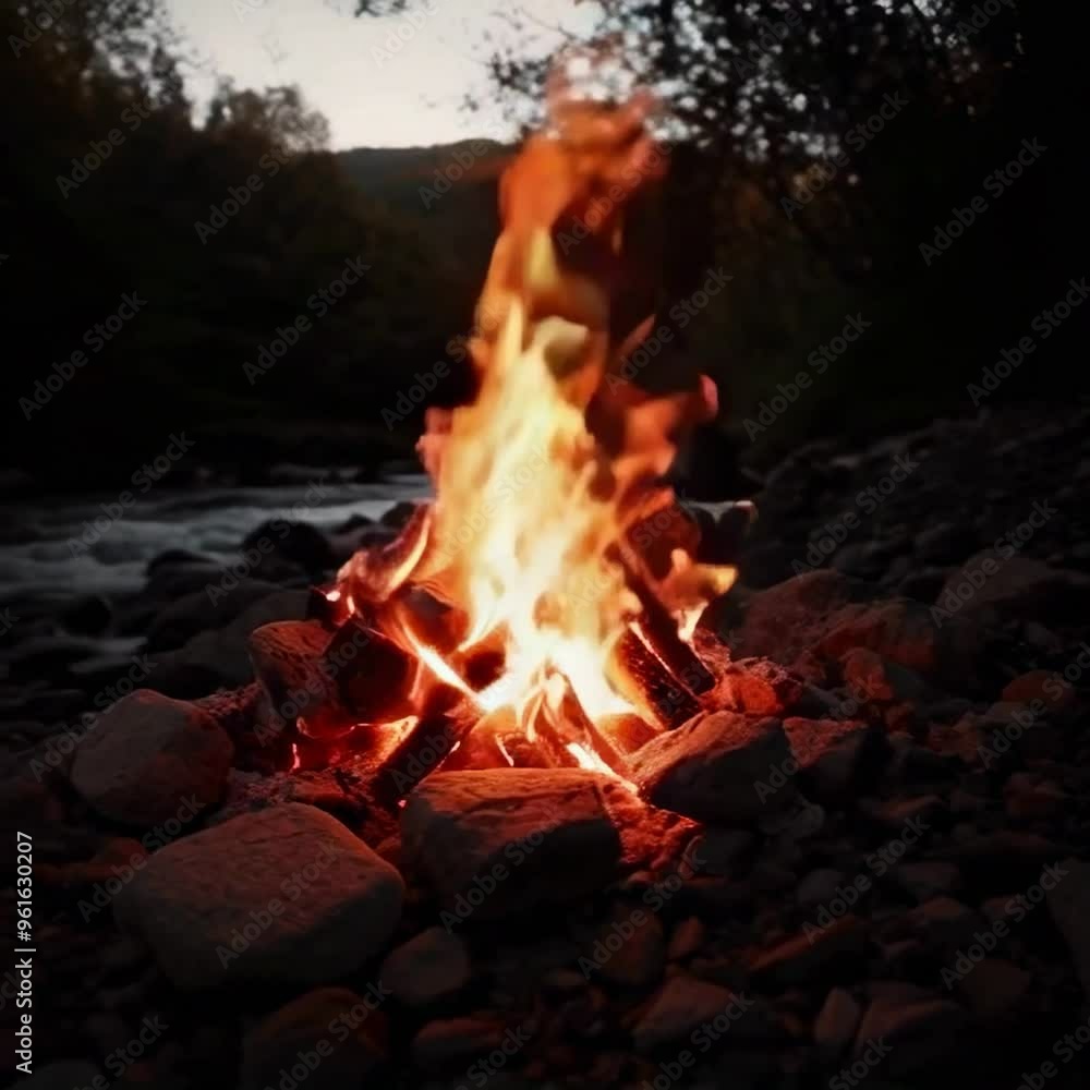 Dusk bonfire by the river: a calming view. Evening campfire by a river with glowing flames. Dusk bonfire by the river: a calming view. Evening campfire by a river with glowing flames.