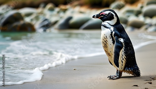 Magellanic penguin perched on sandy beach under clear skies