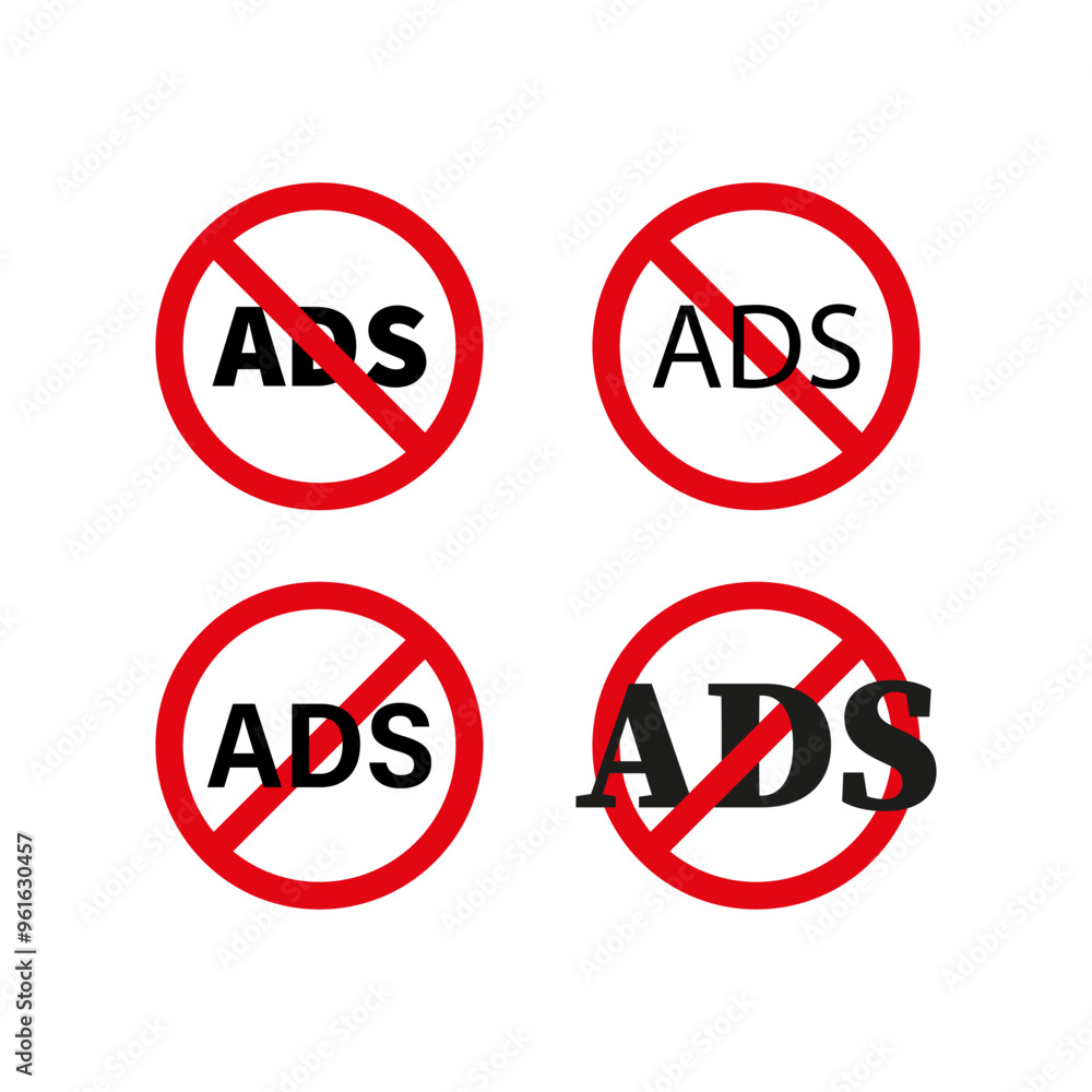 No ads sign. Red circle with slash. Bold ADS text inside. Anti-advertising symbol. No ads sign. Red circle with slash. Bold ADS text inside. Anti-advertising symbol.