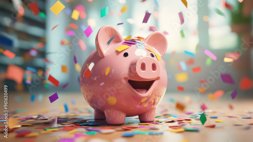 Pay day concept, overflowing piggy bank with payday confetti photo