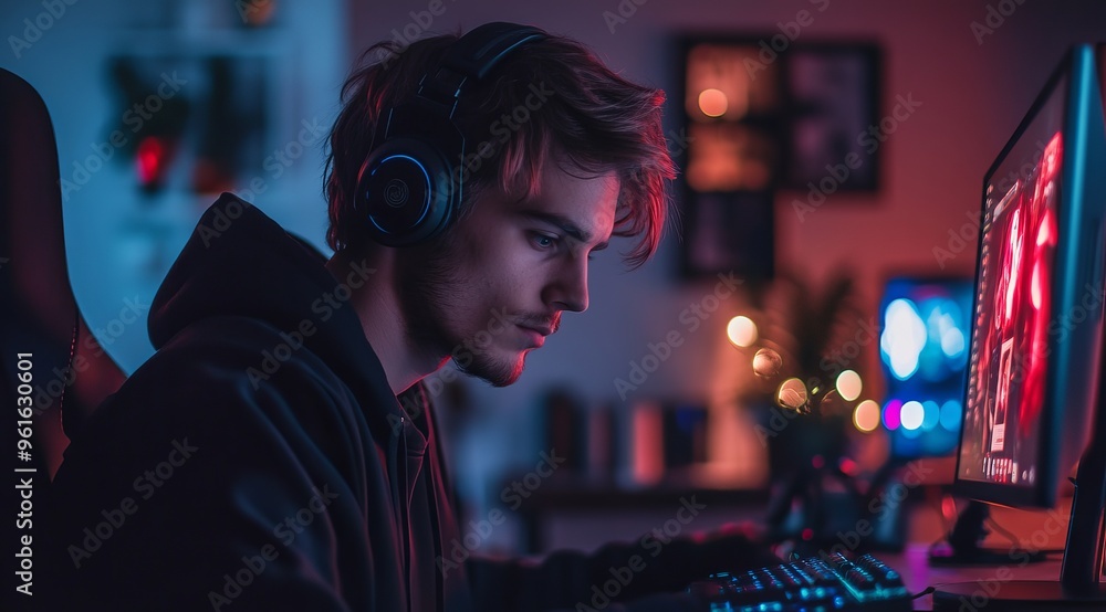 Young man gaming at night with LED lights and headphones in a cozy room Young man gaming at night with LED lights and headphones in a cozy room
