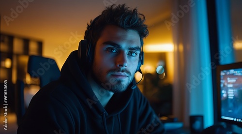 Young man focused on gaming at night in a modern room with blue lighting