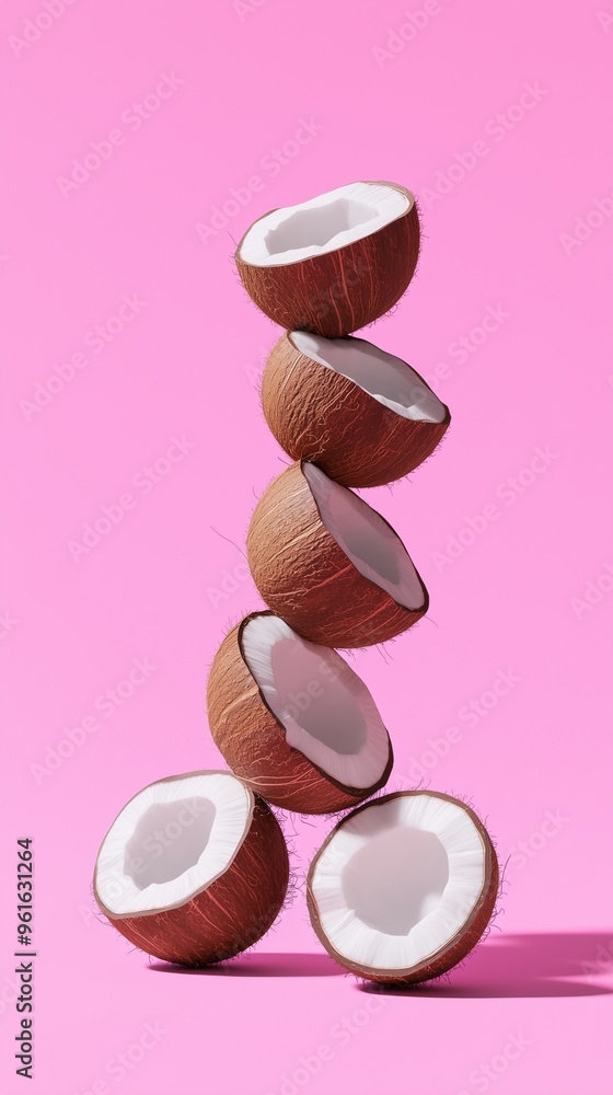 Obraz premium A stack of coconut fruit balancing vertical with isolated background