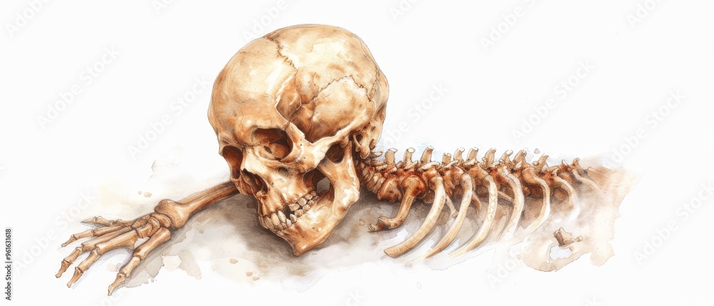A watercolor painting of a human skull with a long, pointed chin and elaborate, spiral bone structure A watercolor painting of a human skull with a long, pointed chin and elaborate, spiral bone structure
