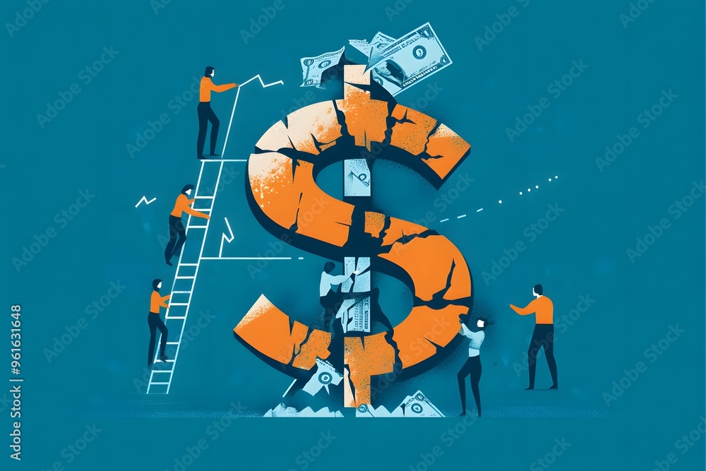 Naklejka premium People working together to repair a cracked dollar sign