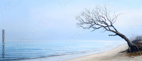 a towering figure against a backdrop of tranquil water Behind, a foggy sky blurrs the line between land and sky photo