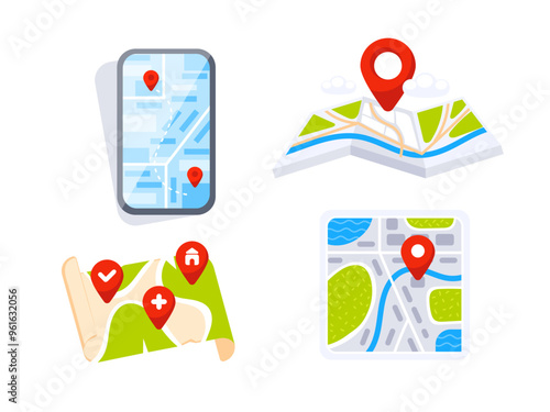 Set of location icons showing different map styles on smartphone and paper for navigation